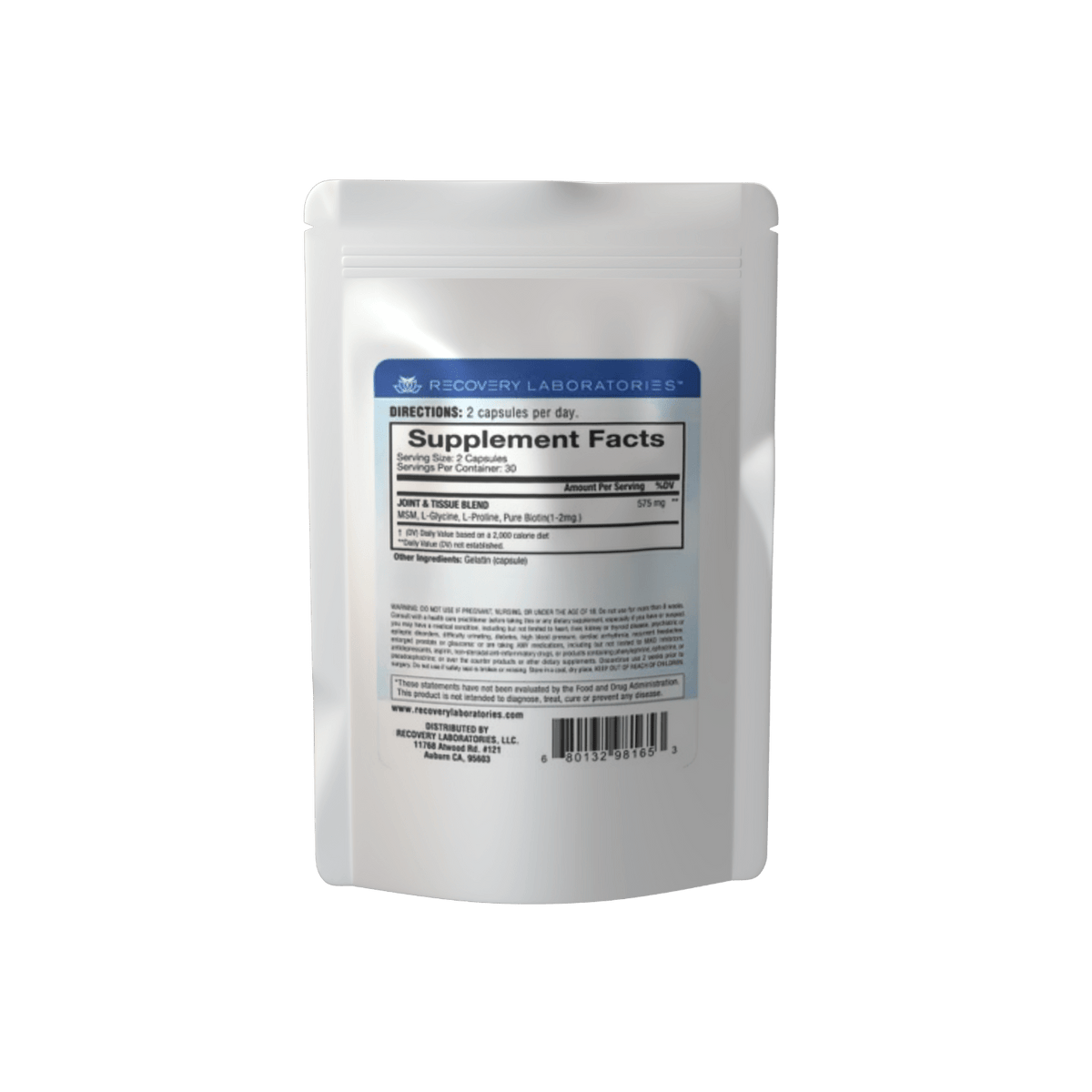 Joint & Tissue Support Supplement Package Back