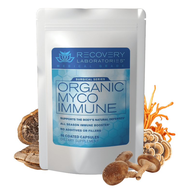 Organic Myco Immune Supplement with ingredients displayed