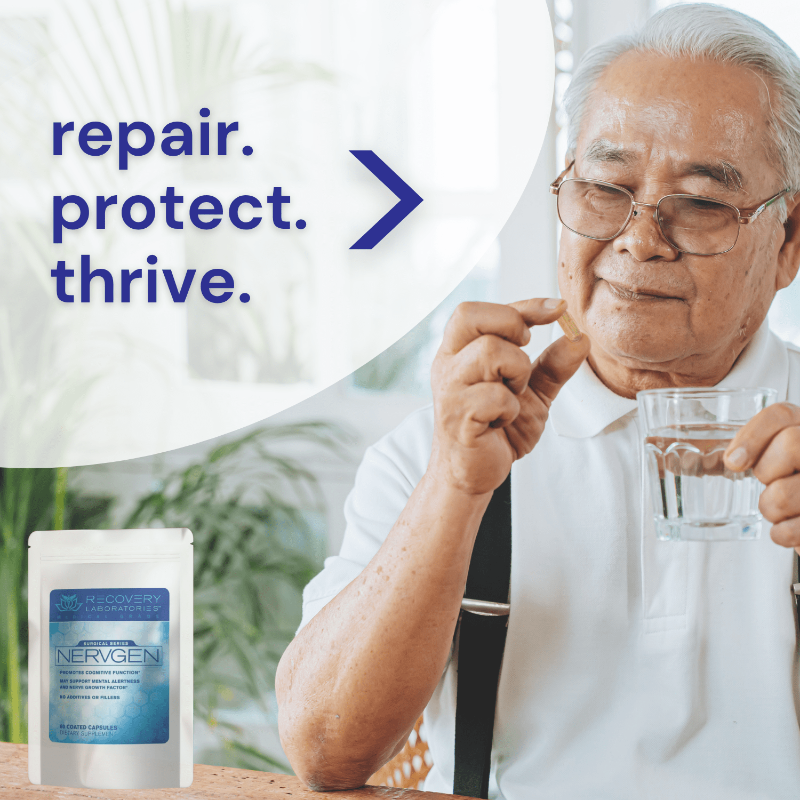 Nervgen Supplement lifestyle image with mature man taking capsule
