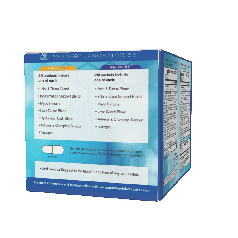 Outline of the AM and PM packets within the Surgical Recovery Kit offered by Recovery Laboratories